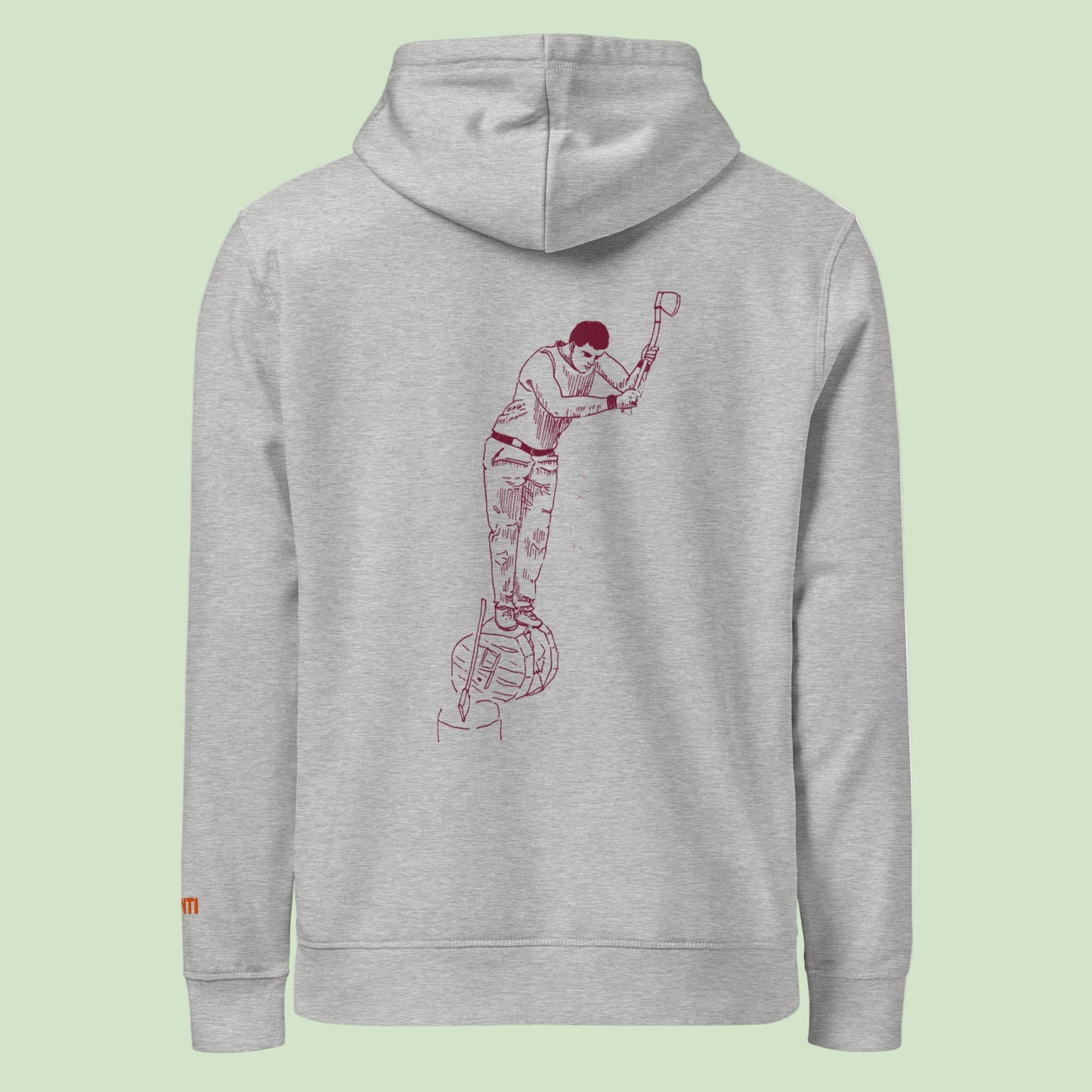 unisex organic hoodie in heather with aizkolari design on the back in garnet by Aunti