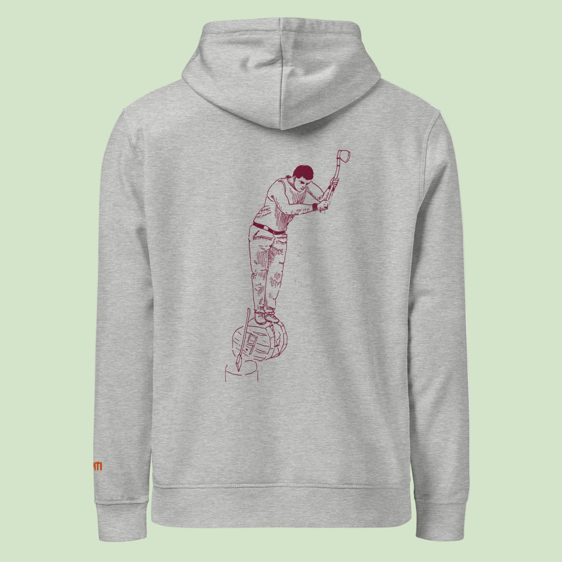 unisex organic hoodie in heather with aizkolari design on the back in garnet by Aunti