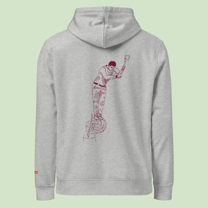 unisex organic hoodie in heather with aizkolari design on the back in garnet by Aunti