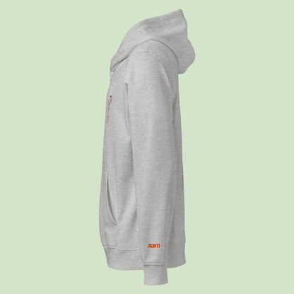 unisex organic mid-weight hoodie in heather with Aunti logo embroidered on left sleeve