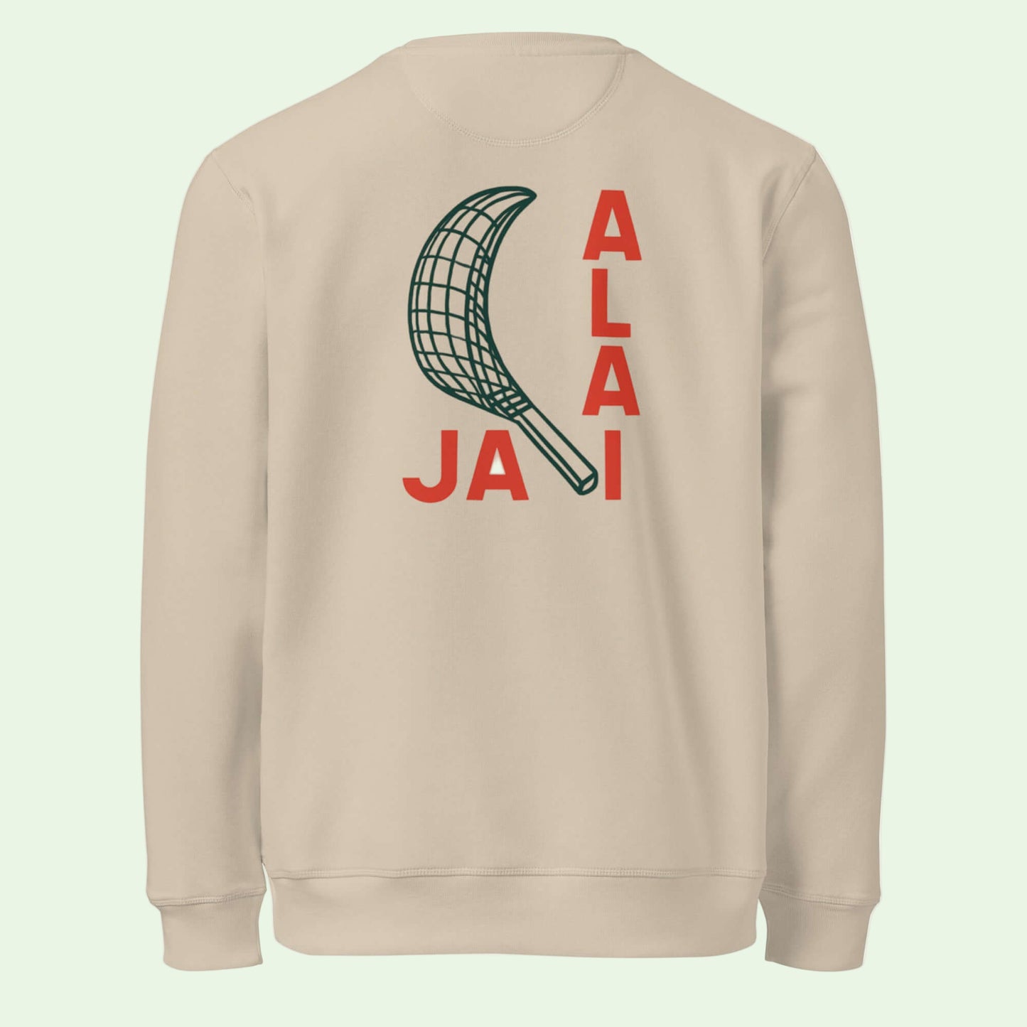 unisex-organic-sweatshirt in desert dust with jai alai design on back