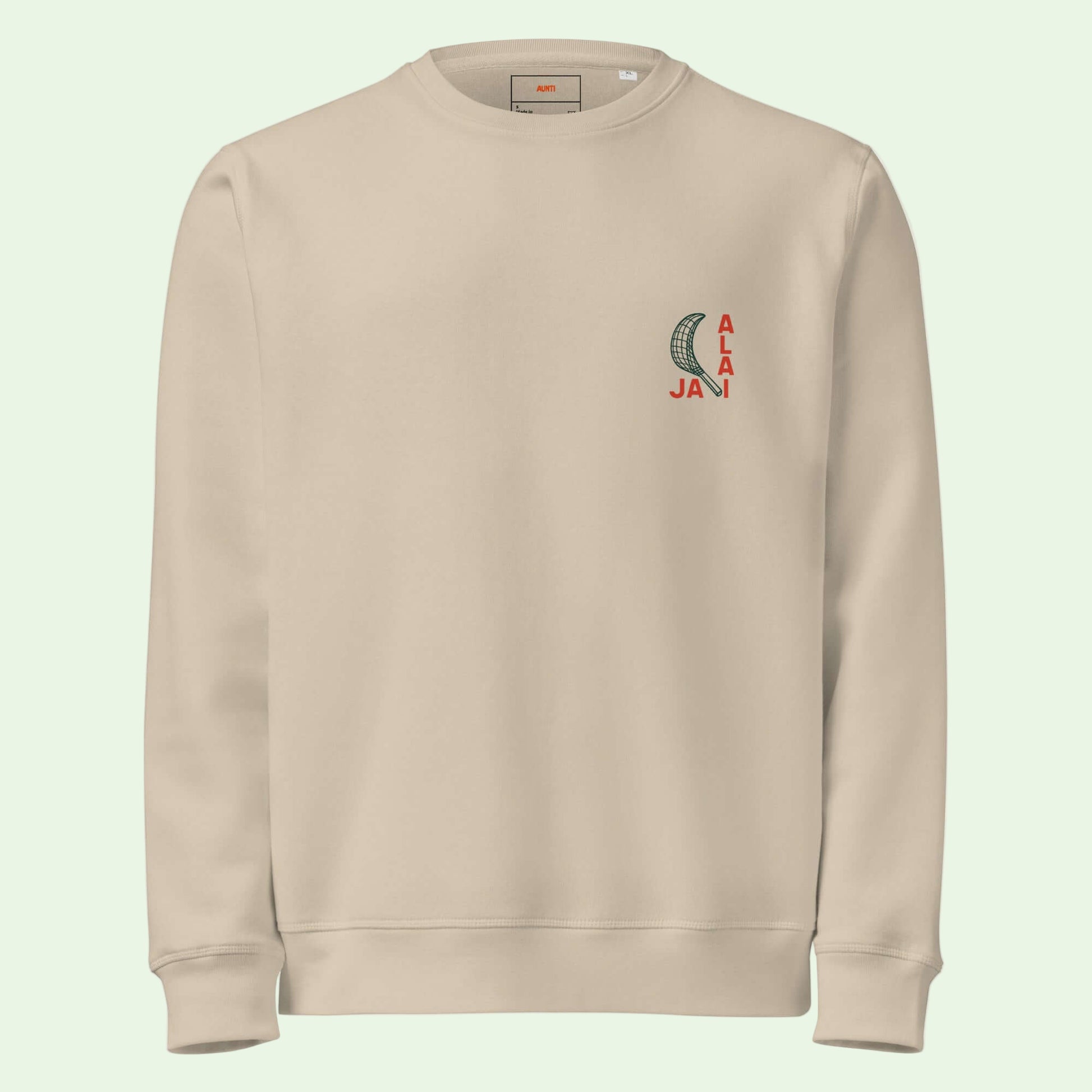 unisex organic sweatshirt in desert dust with jai alai chest design by Aunti