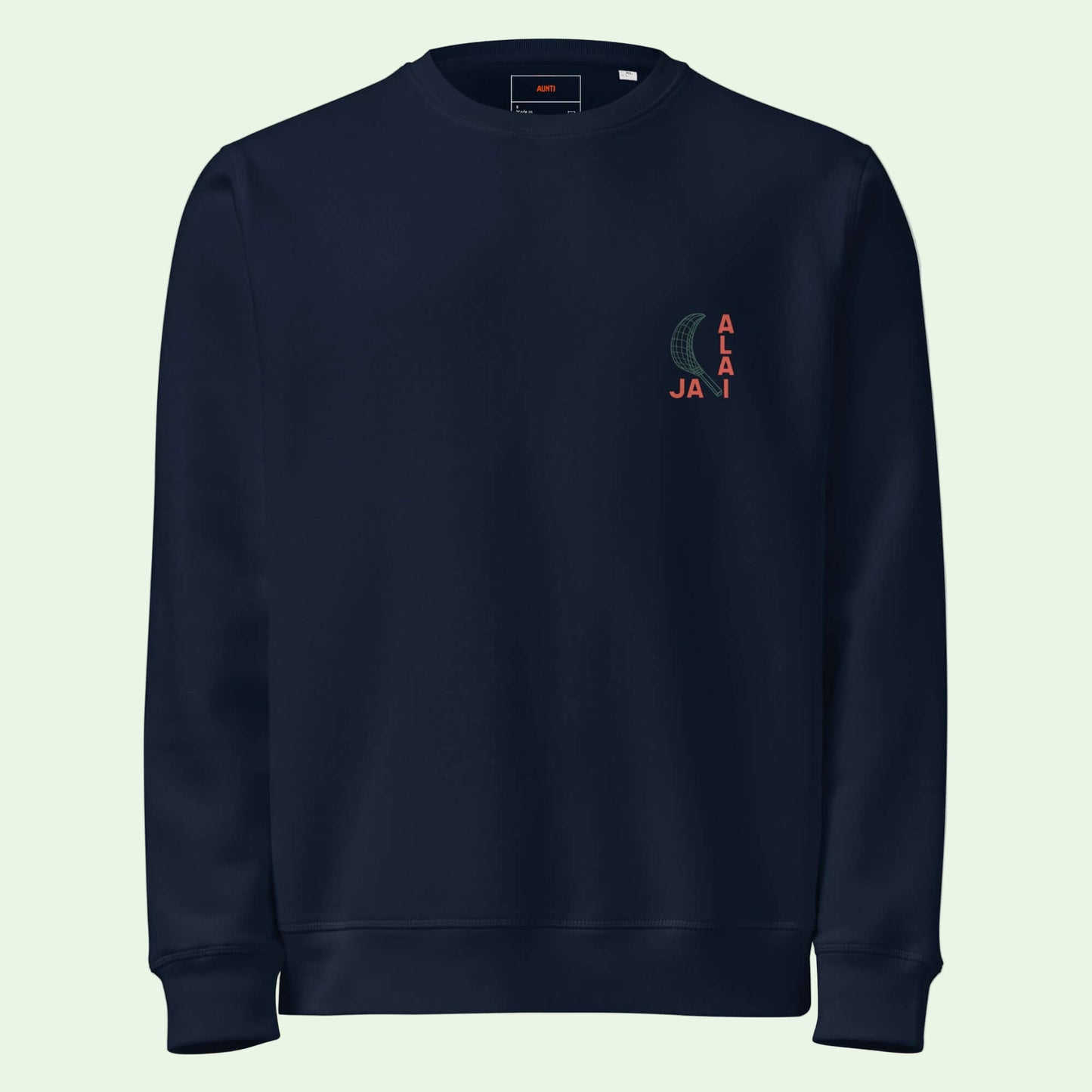 unisex organic sweatshirt in navy with jai alai design on chest by aunti
