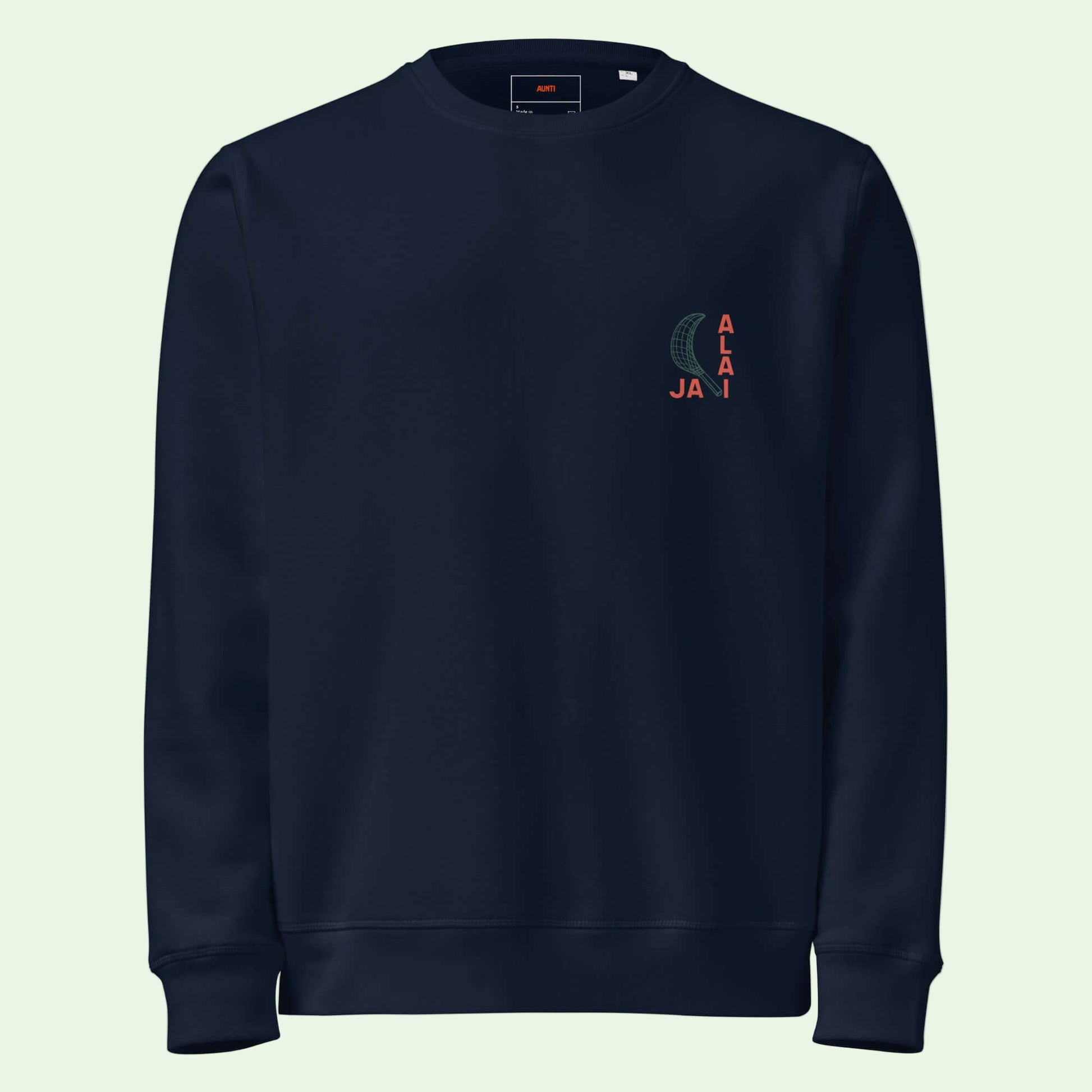 unisex organic sweatshirt in navy with jai alai design on chest by aunti