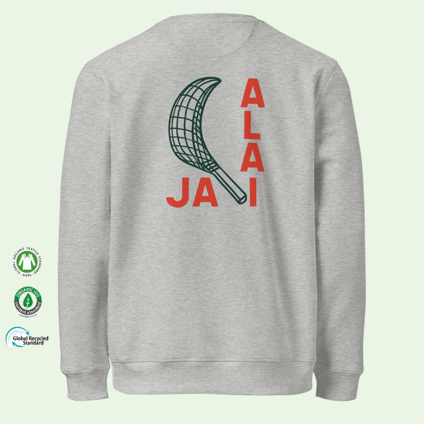 unisex gots certified sweatshirt in grey with Jai Alai design on back by Aunti