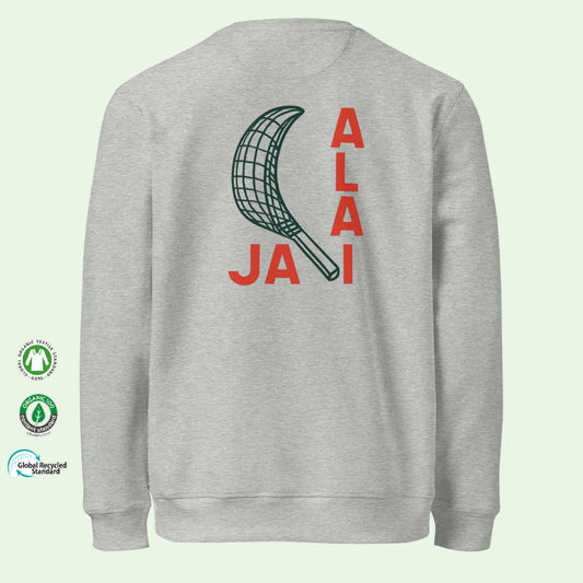 unisex gots certified sweatshirt in grey with Jai Alai design on back by Aunti