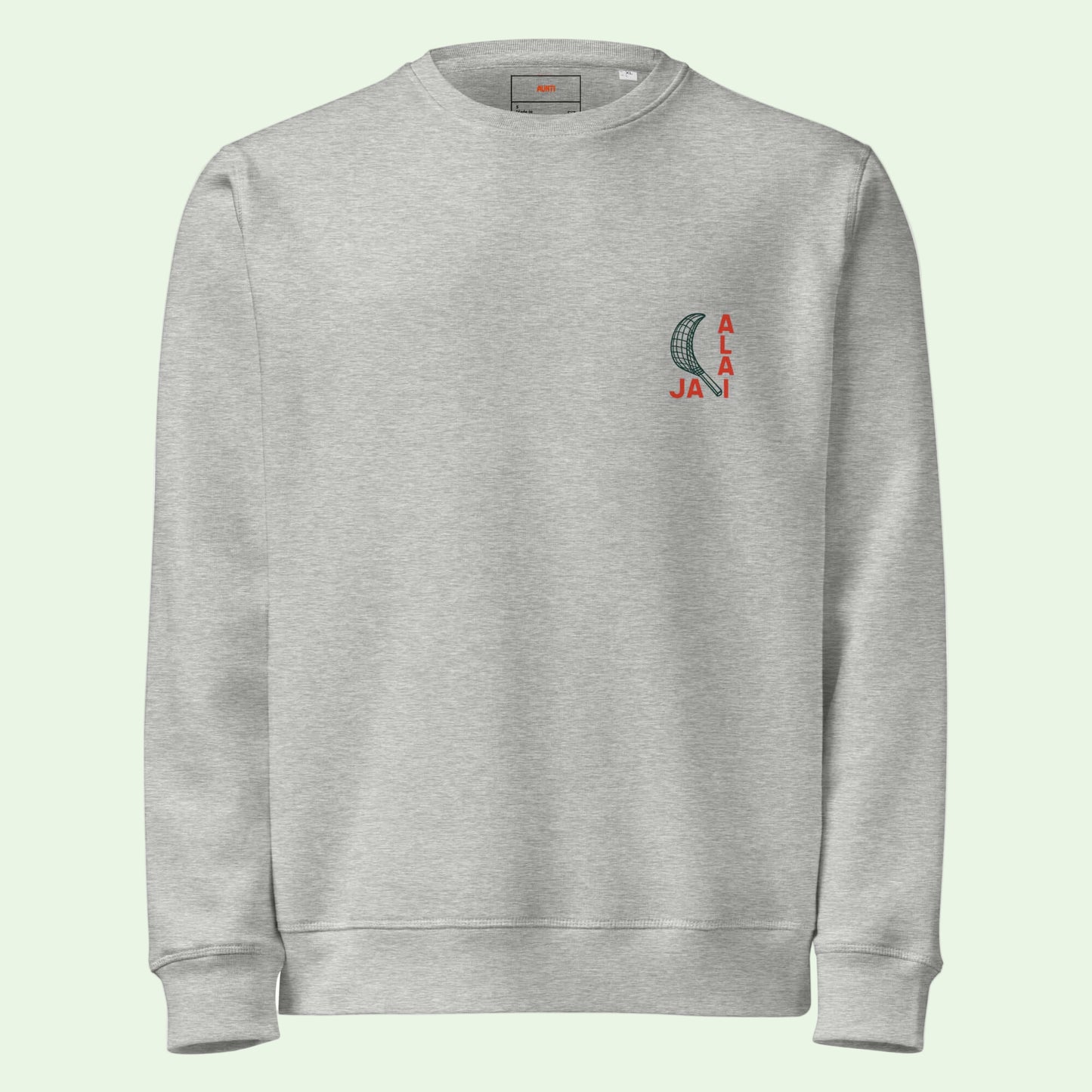 light grey unisex organic sweatshirt with jai alai detail on left chest