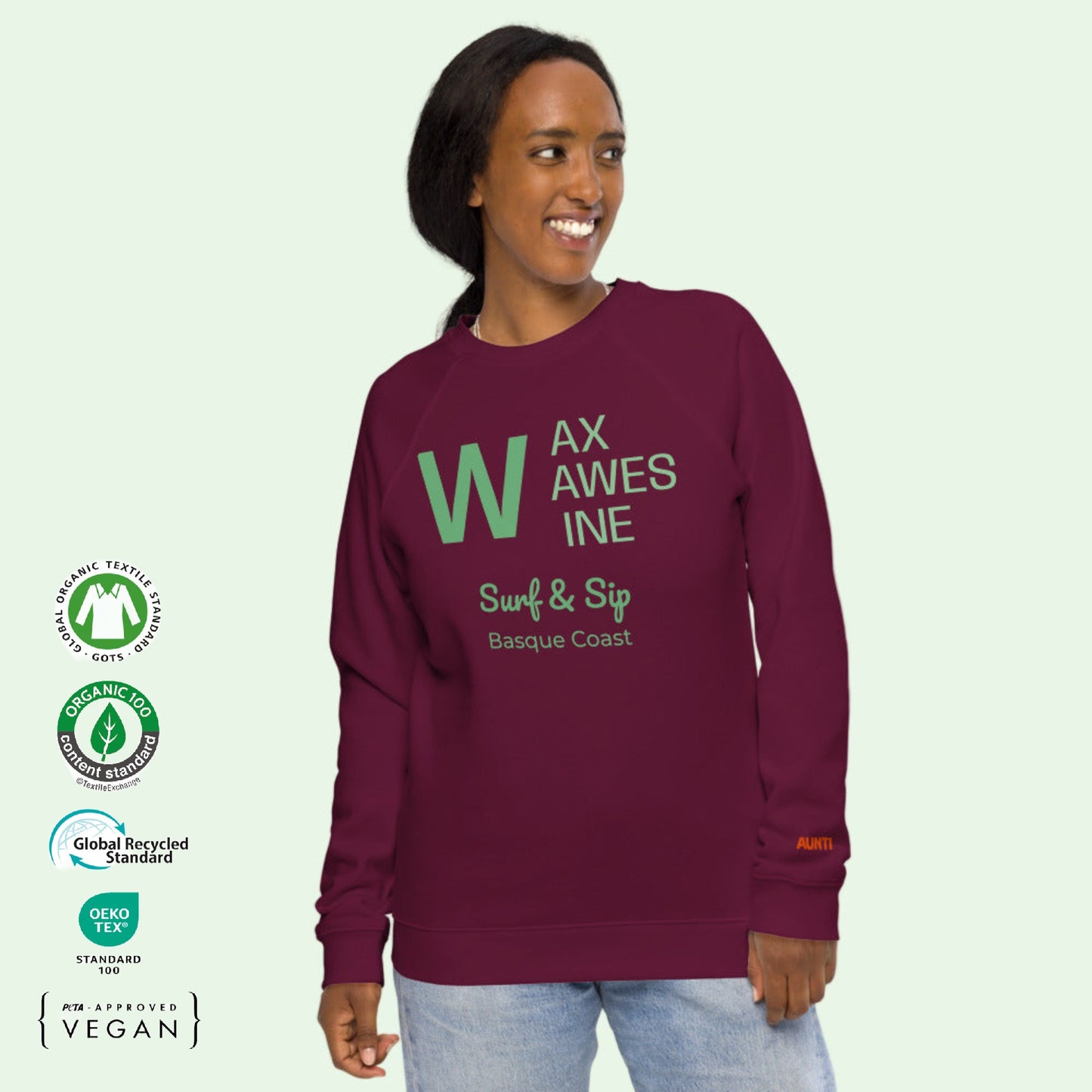 unisex organic gots certified sweathirt in burgundy with wax, waves and wine front tex in green by Aunti