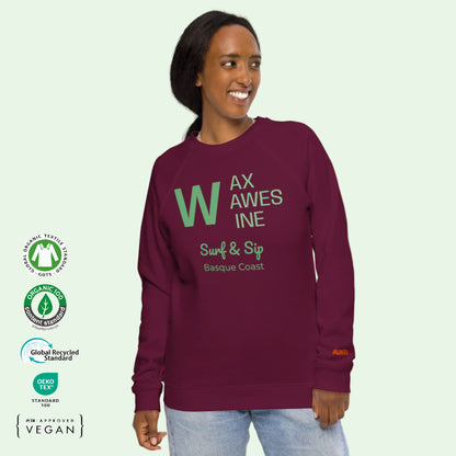 unisex organic gots certified sweathirt in burgundy with wax, waves and wine front tex in green by Aunti