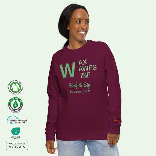 unisex organic gots certified sweathirt in burgundy with wax, waves and wine front tex in green by Aunti