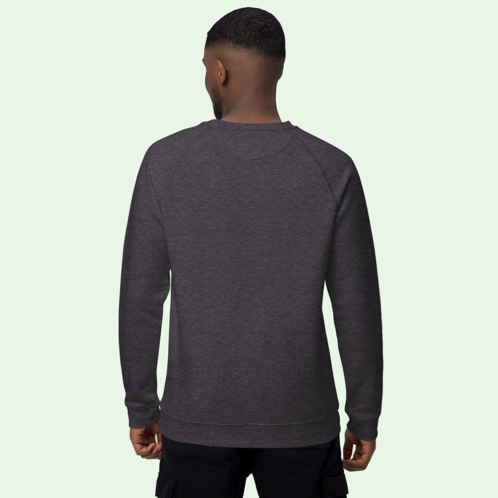 man wearing an unisex organic sweatshirt in charcoal melange back view
