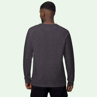 man wearing an unisex organic sweatshirt in charcoal melange back view