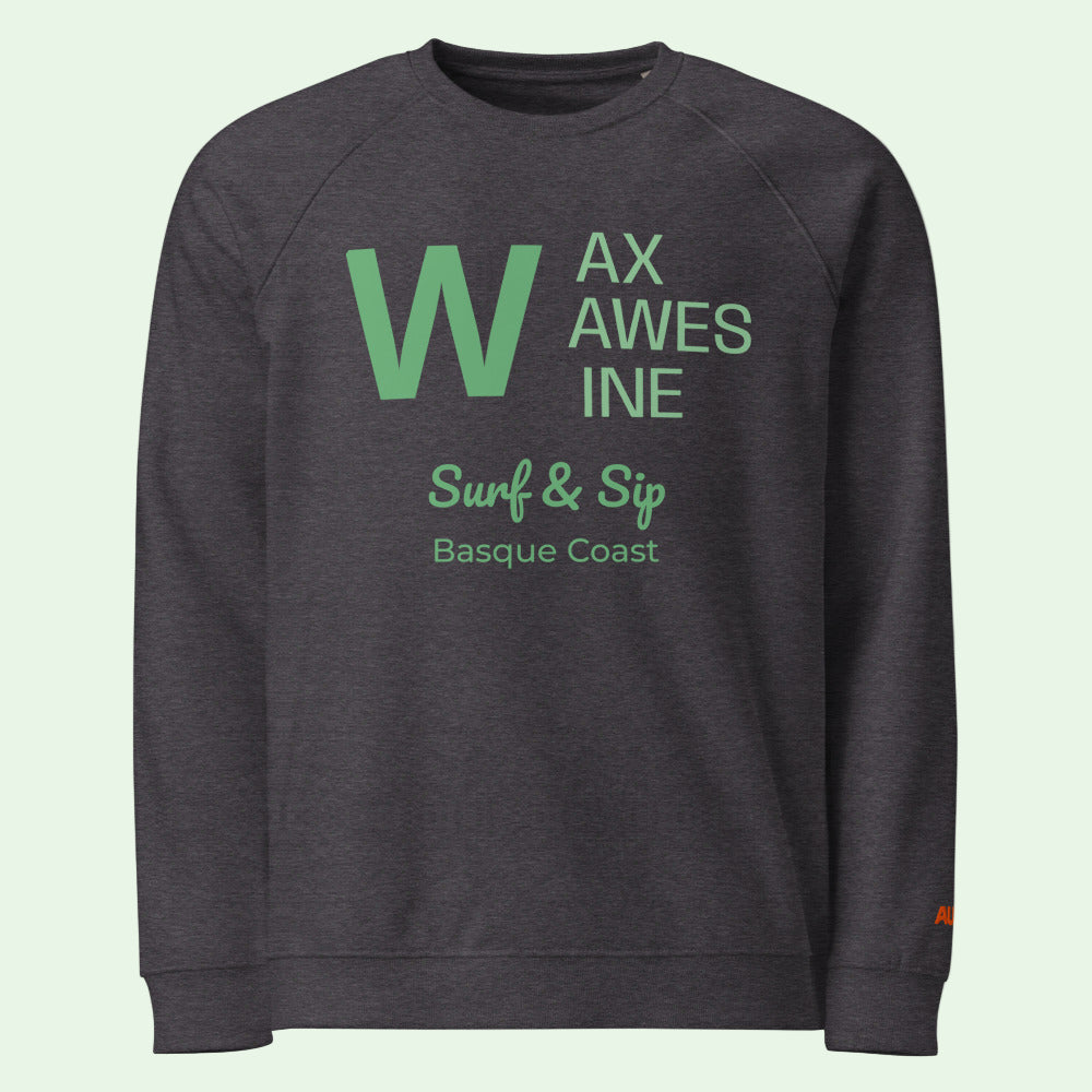 unisex organic ranglan sweatshirt charcoal melange with green letters wax, waves and wine by Aunti