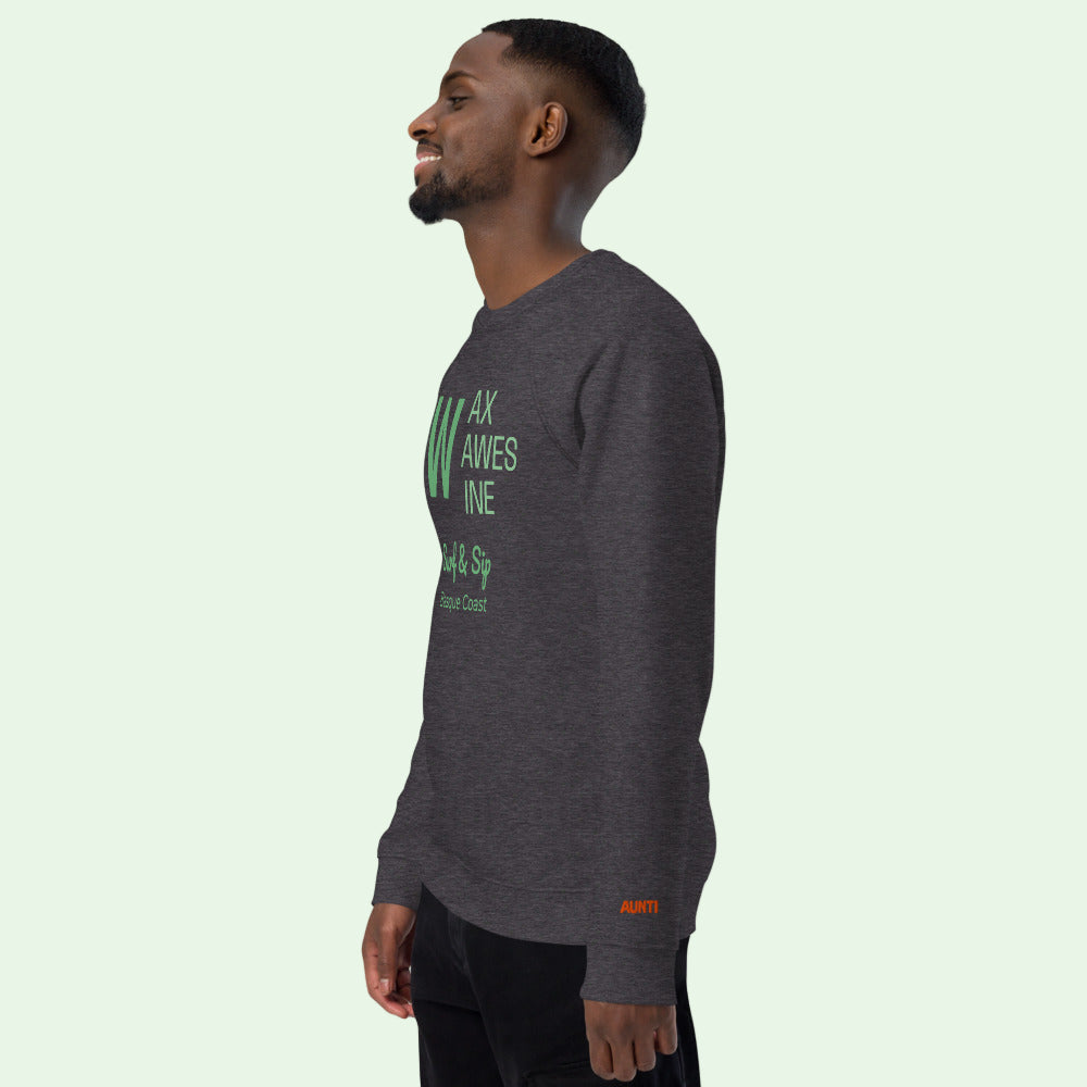 man wearing an unisex organic sweatshirt in charcoal melange with Aunti logo embroidered on left sleeve