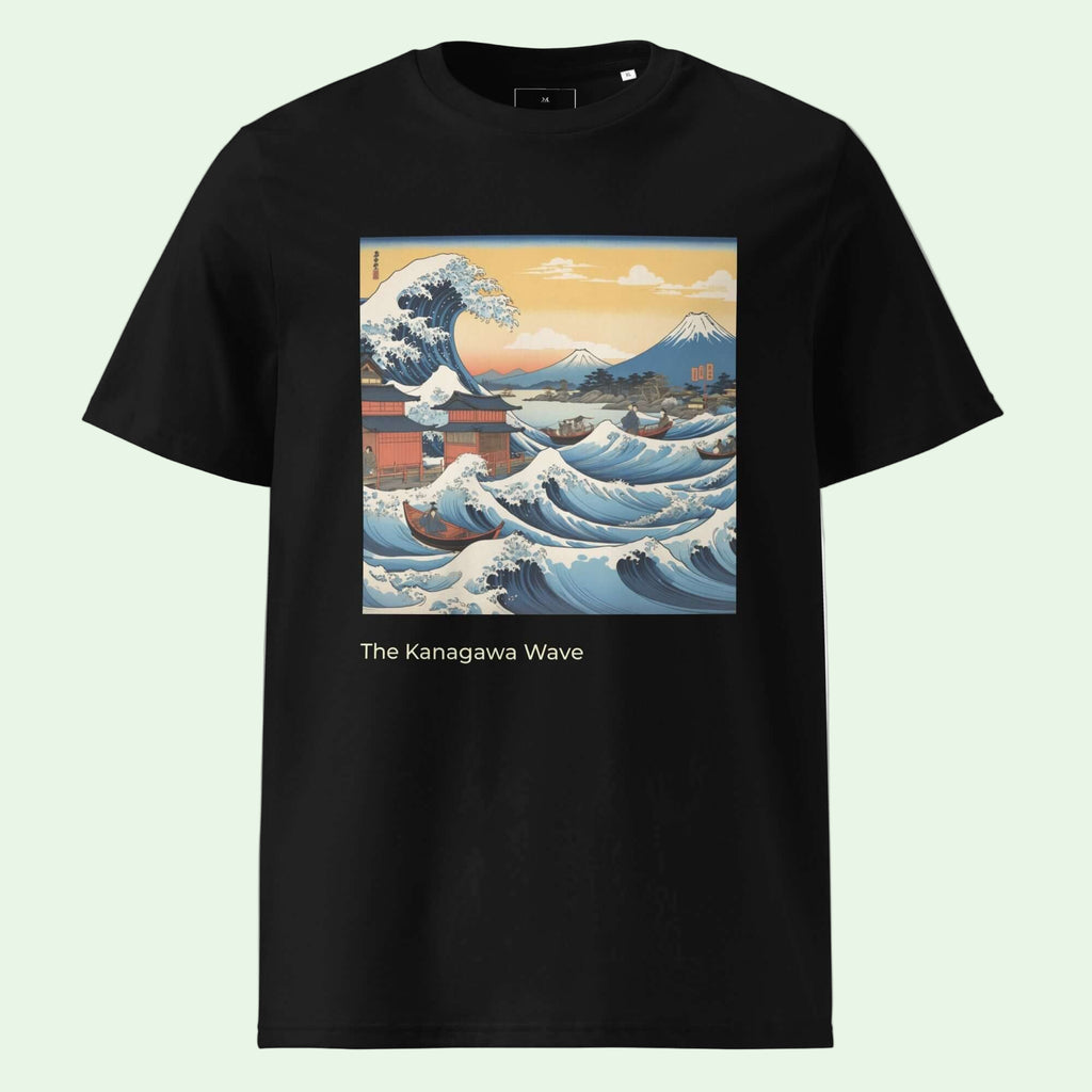 unisex organic ribbed neck t-shirt black with japanese great wave Hokusai inspired by AUNTI