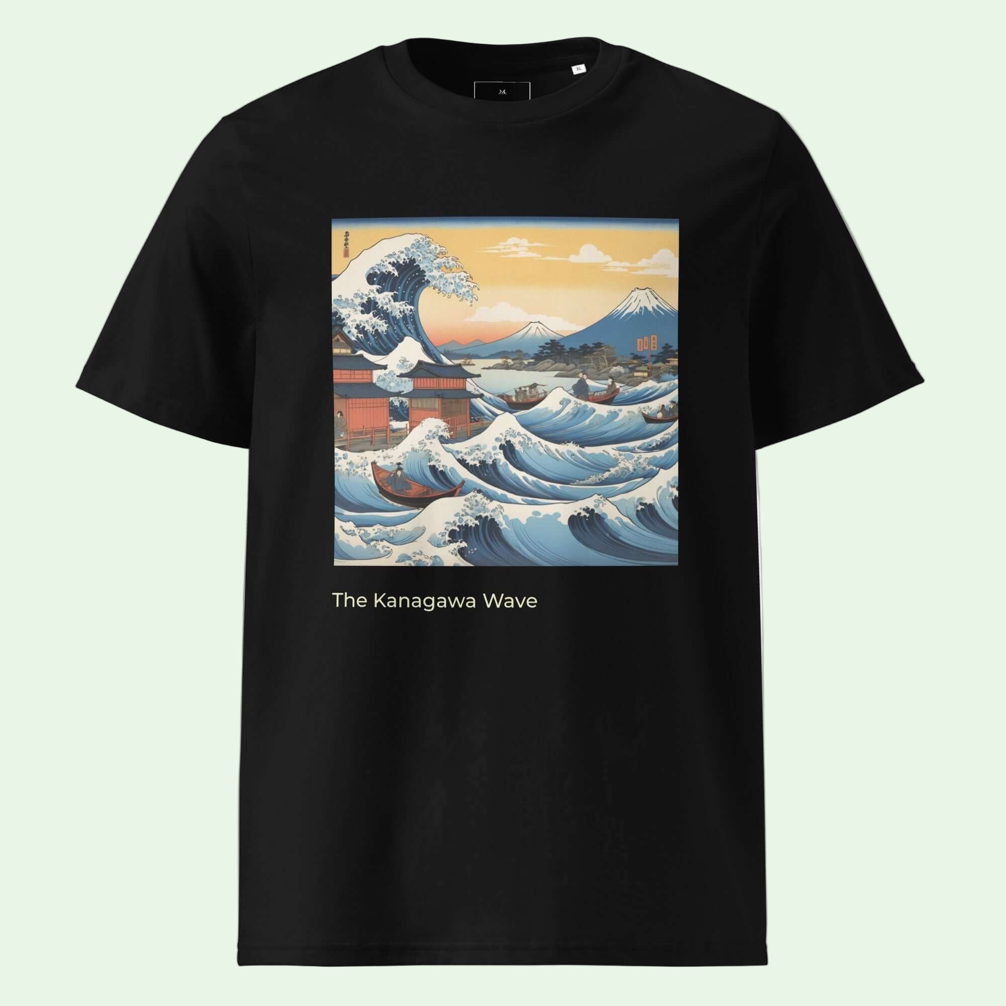 unisex organic ribbed neck t-shirt black with japanese great wave Hokusai inspired by AUNTI