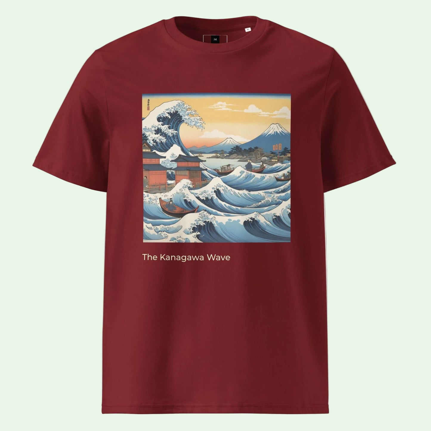 unisex organic ribbed neck t-shirt  burgundy great japanese wave front design by aunti