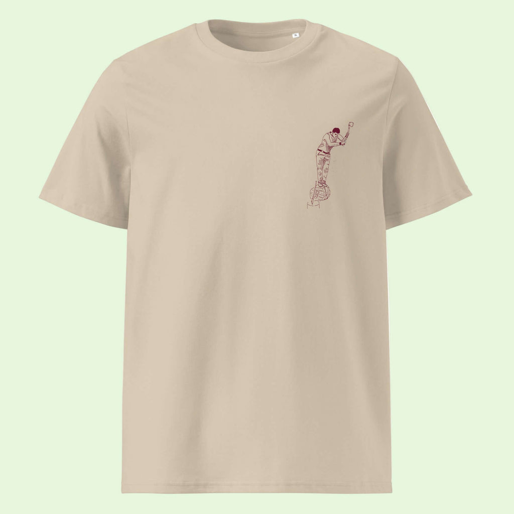 unisex organic gots certified t-shirt in desert dust with aizkolari chest design in garnet by Aunti