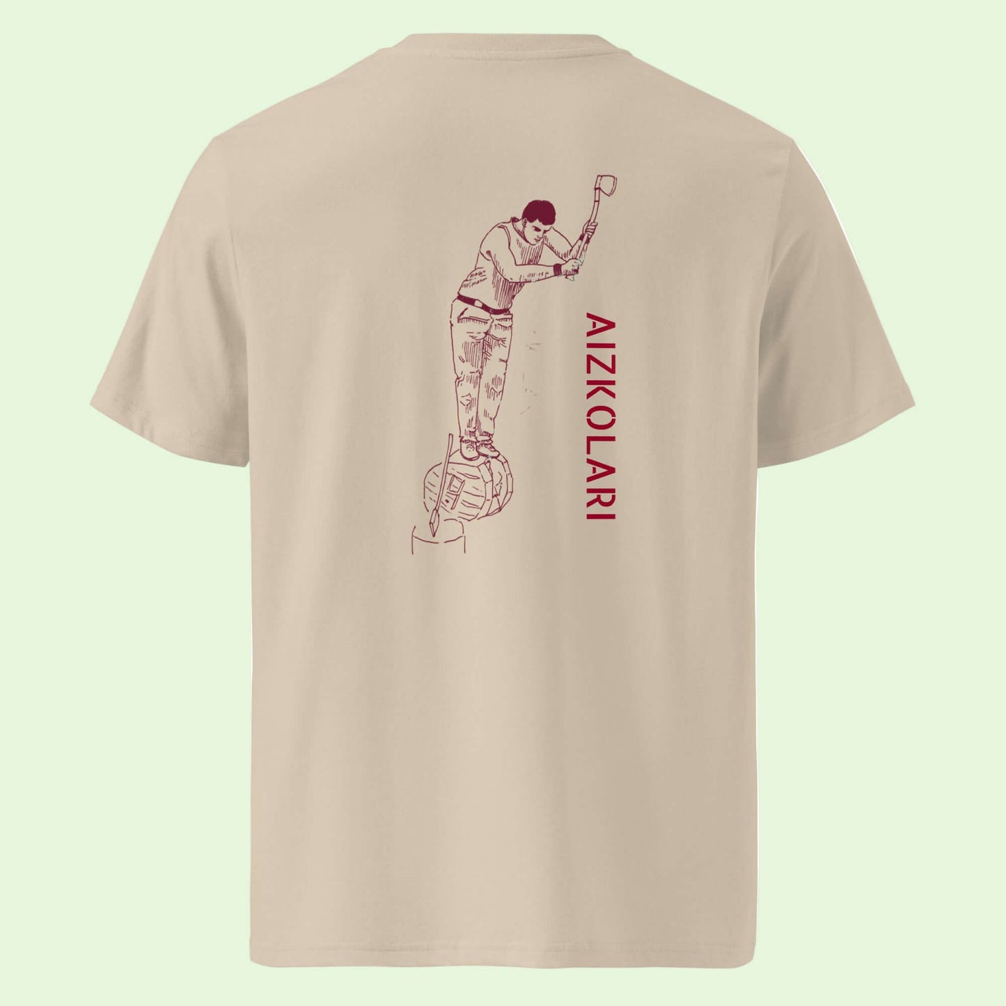 unisex organic t-shirt in  desert dust with aizkolari in garnet back design bu aunti