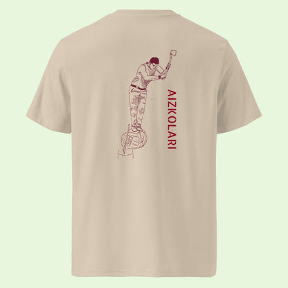 unisex organic t-shirt in  desert dust with aizkolari in garnet back design bu aunti