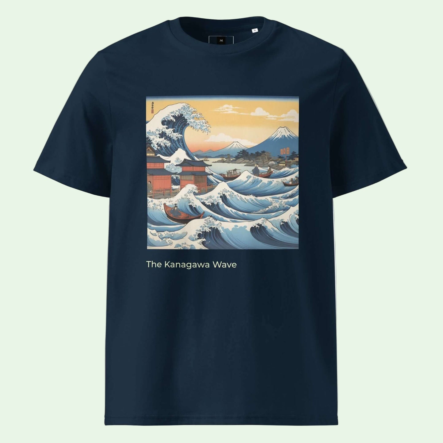 unisex organic ribbed neck t-shirt in french navy front great wave design by AUNTI