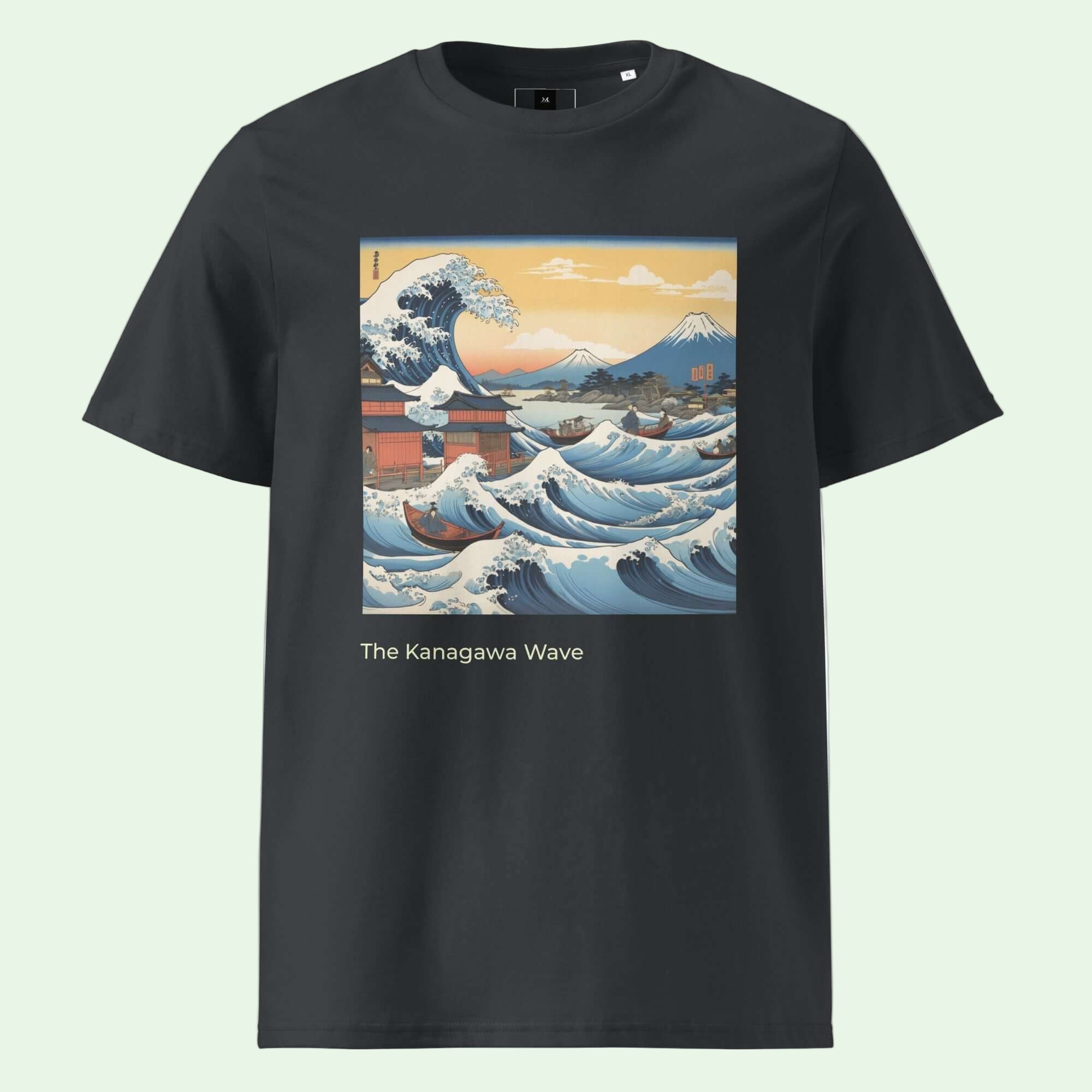 unisex organic ribbed neck t-shirt grey great japanese wave front design by aunti