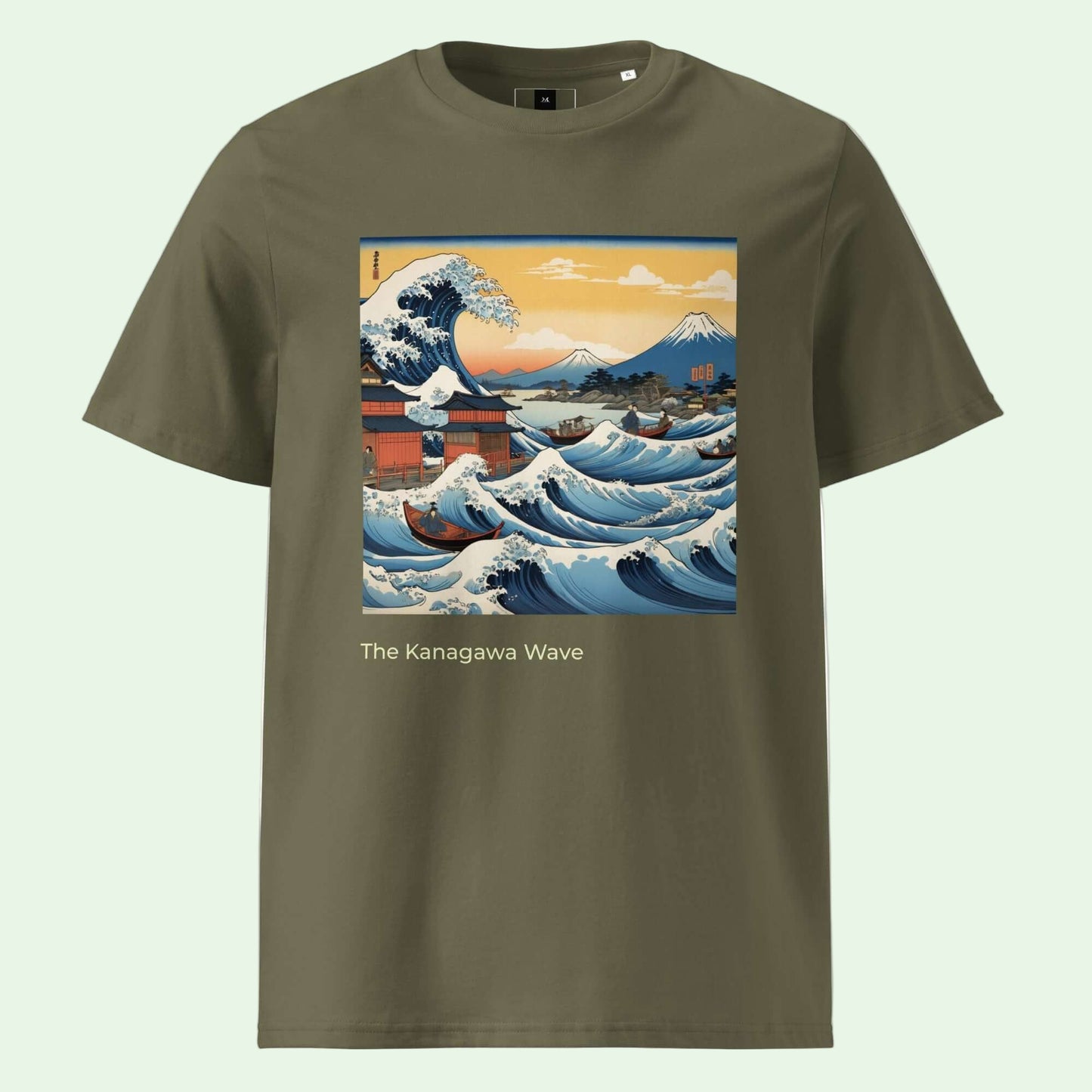 unisex organic ribbed neck t-shirt- khaki great japanese wave front design by AUNTI
