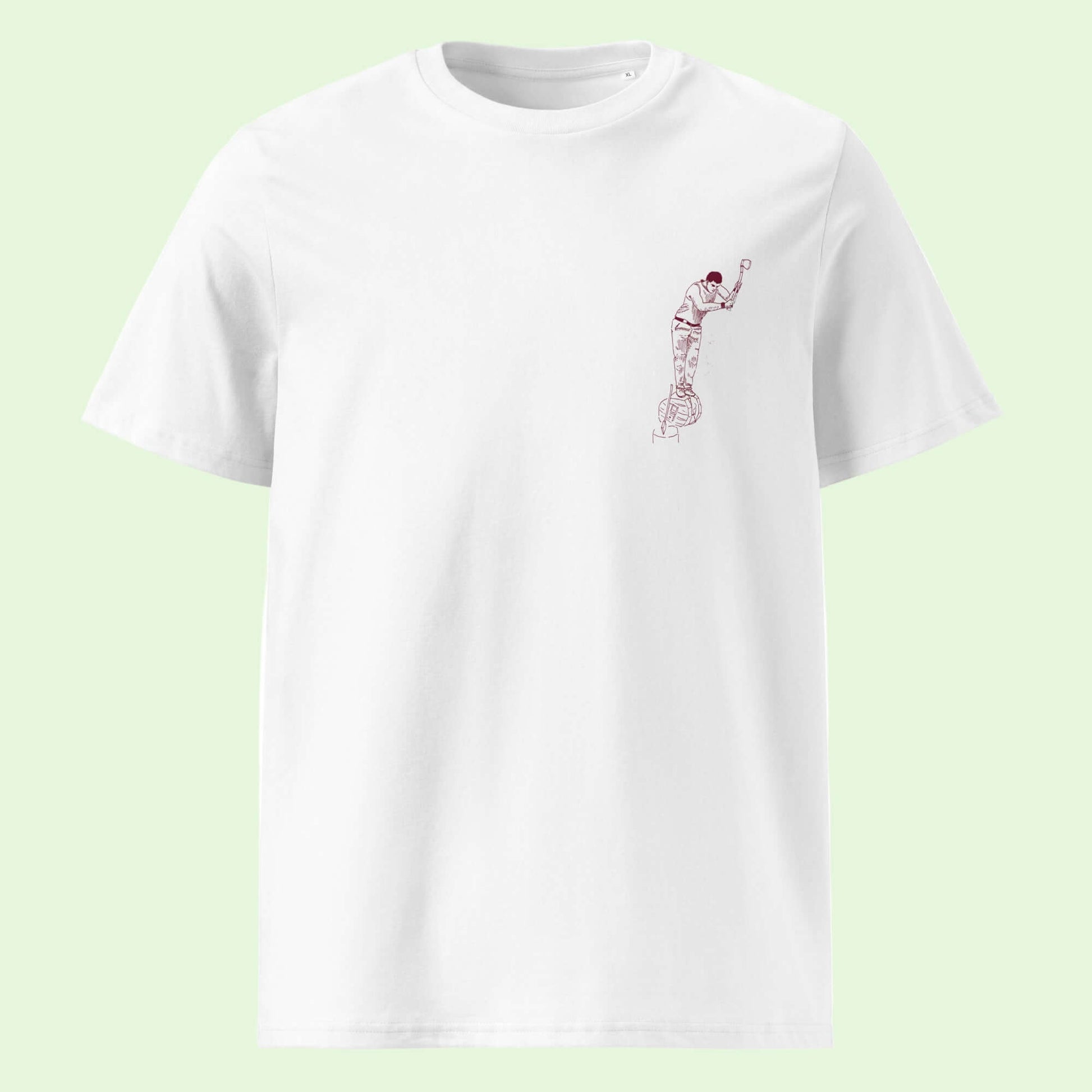 unisex organic gots t-shirt in white with aizkolari chest design in garnet by aunti