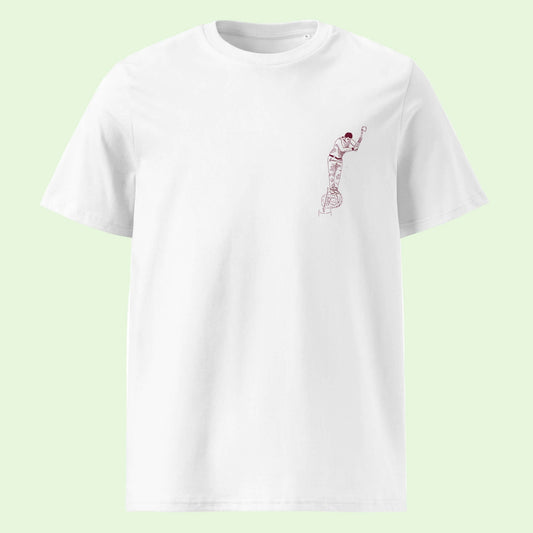unisex organic gots t-shirt in white with aizkolari chest design in garnet by aunti