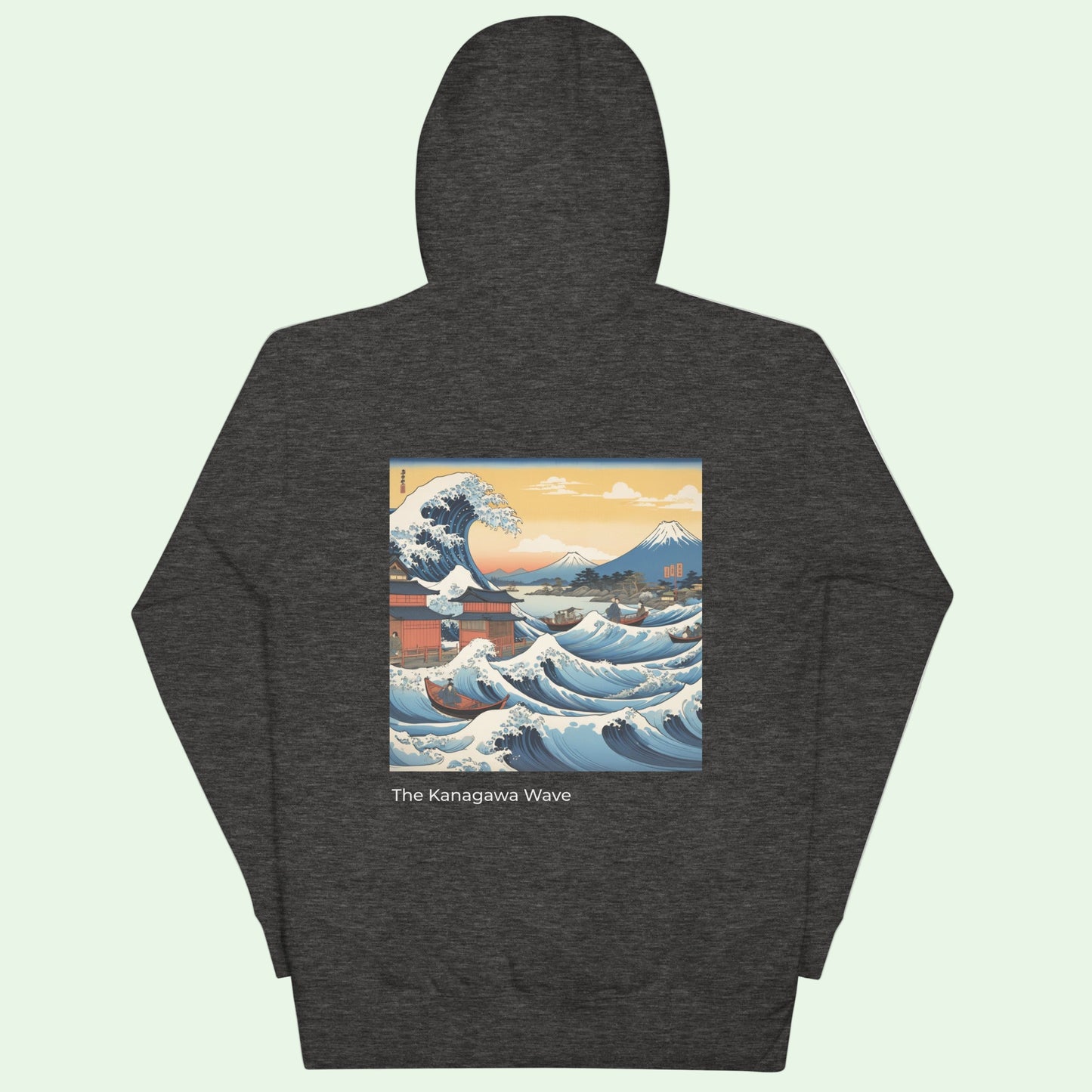 unisex premium hoodie in charcoal heather with the great japanese wave  back design by Aunti 