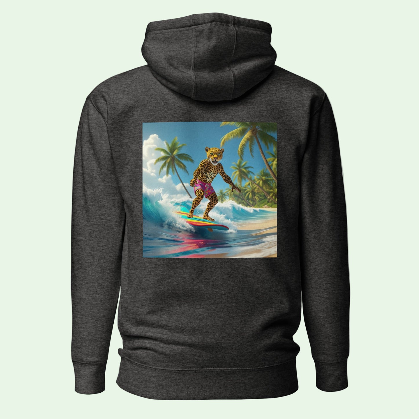 unisex premium hoodie in charcoal heather with leopard surfing back design by AUNTI