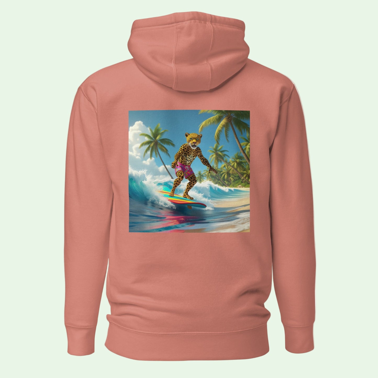 unisex premium hoodie dusty rose back leopard surfing design by AUNTI