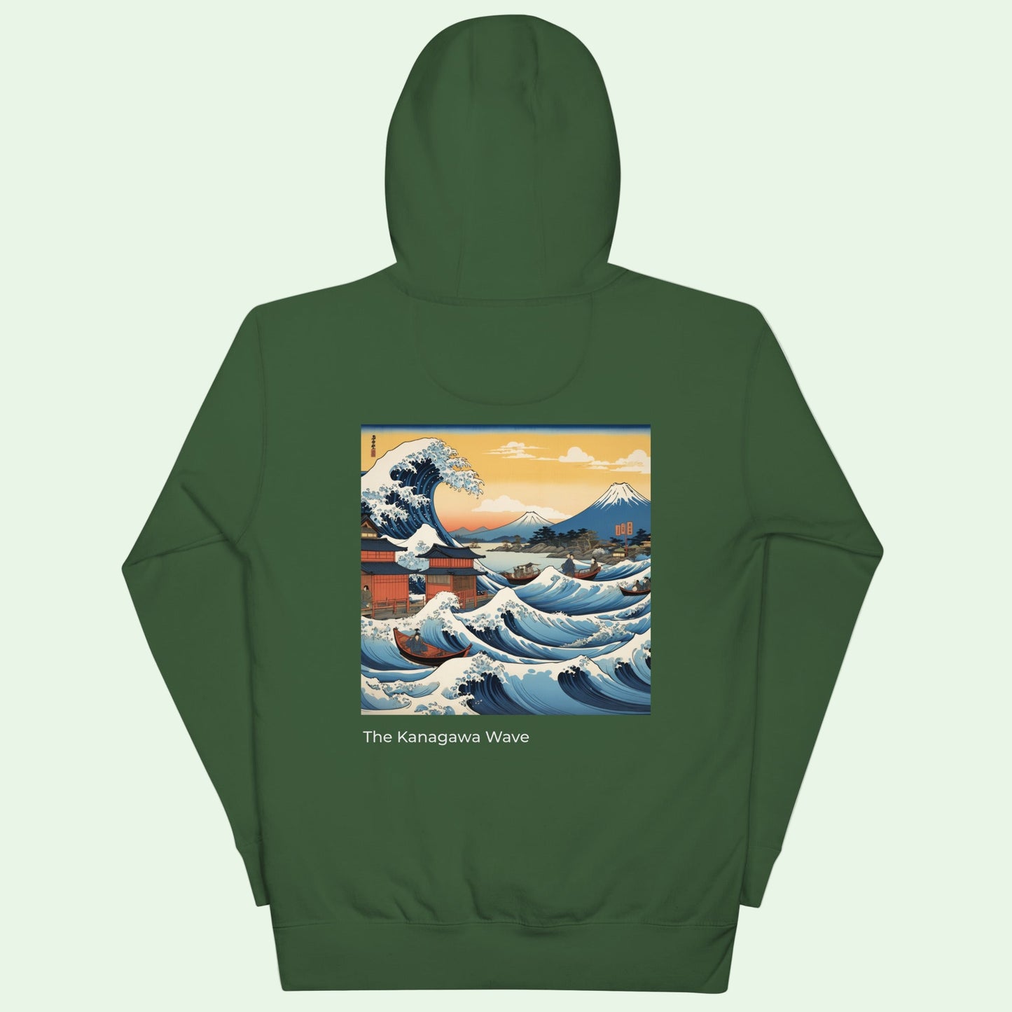 unisex premium hoodie in forest green with great japanese wave design by Aunti