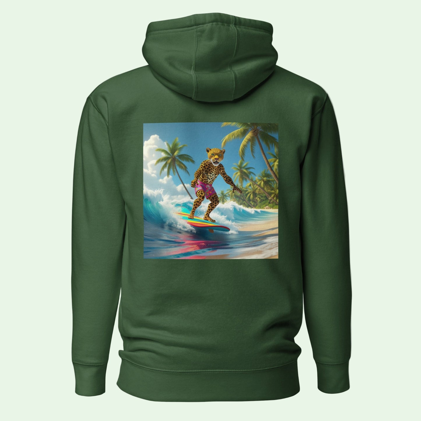 unisex premium hoodie forest green with leopard surfing back design  by Aunti