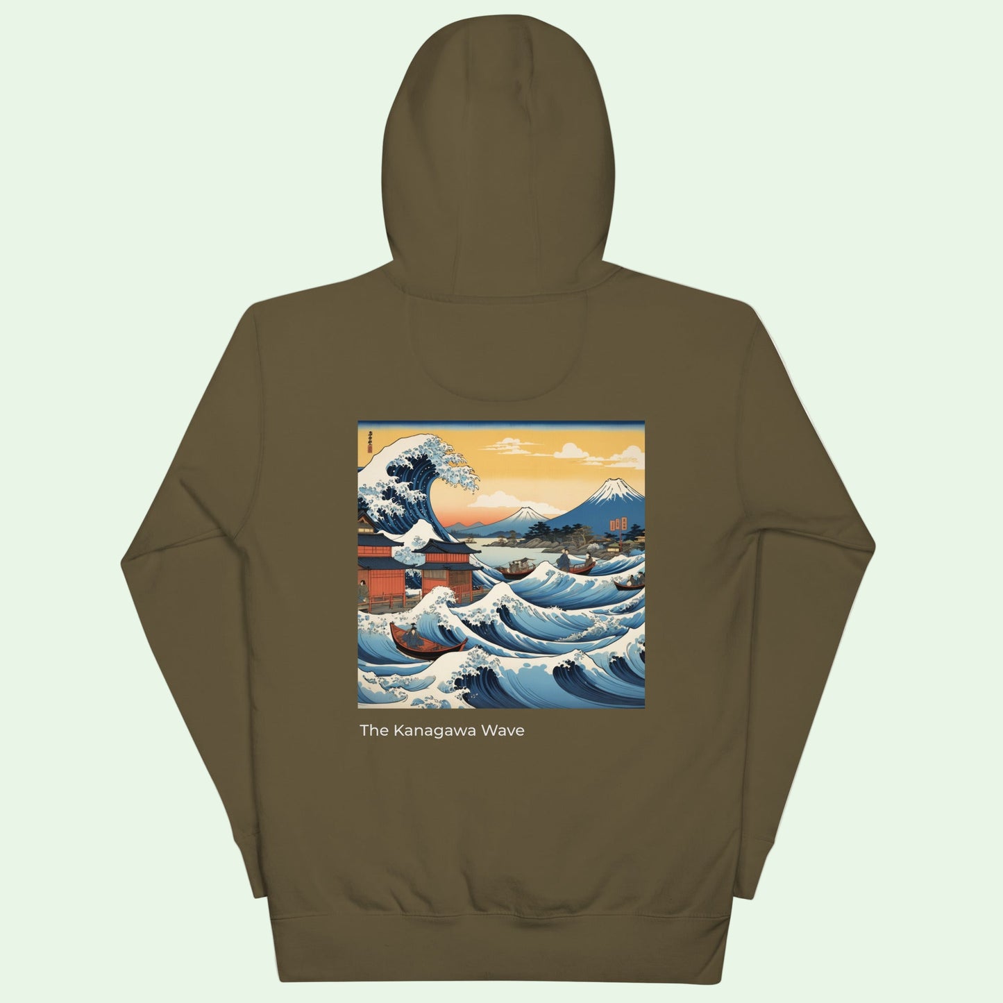 unisex premium hoodie in military green with great wave of kanagawa back design by Aunti