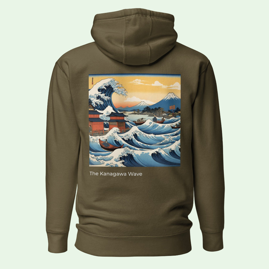 sustainable hoodie in military green with great japanese wave back  design by Aunti