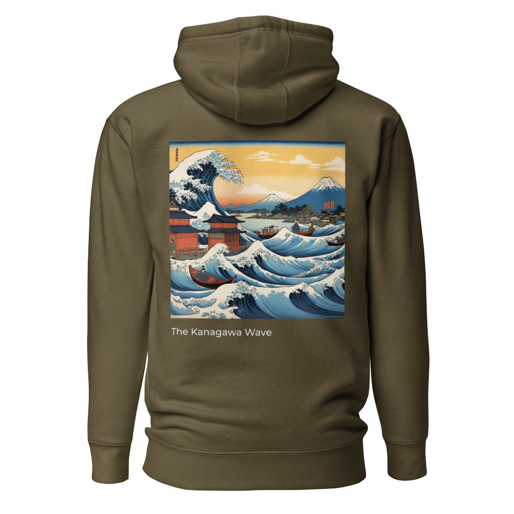 sustainable hoodie in military green with great japanese wave back design