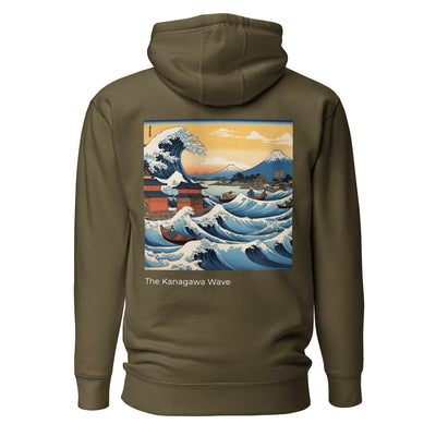 sustainable hoodie in military green with great japanese wave back design