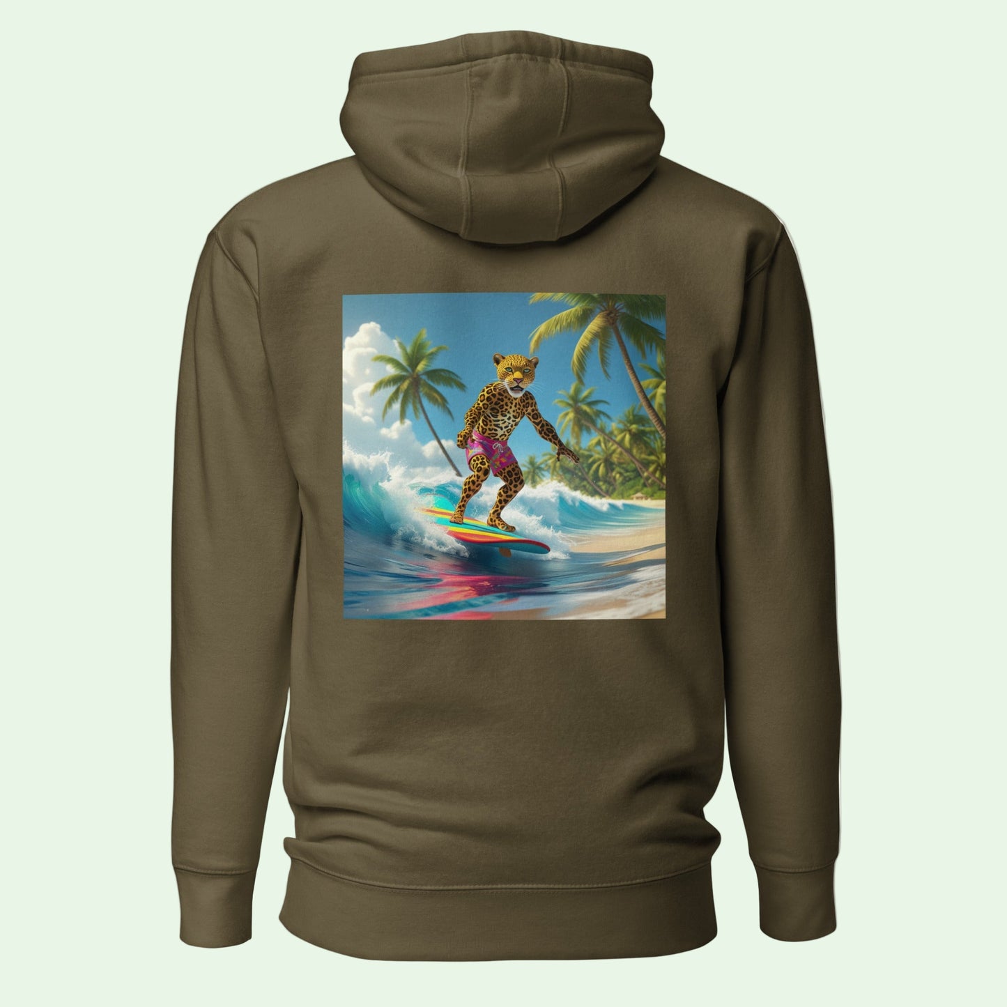 unisex premium hoodie in miliatary green leopard surfing back design by AUNTI
