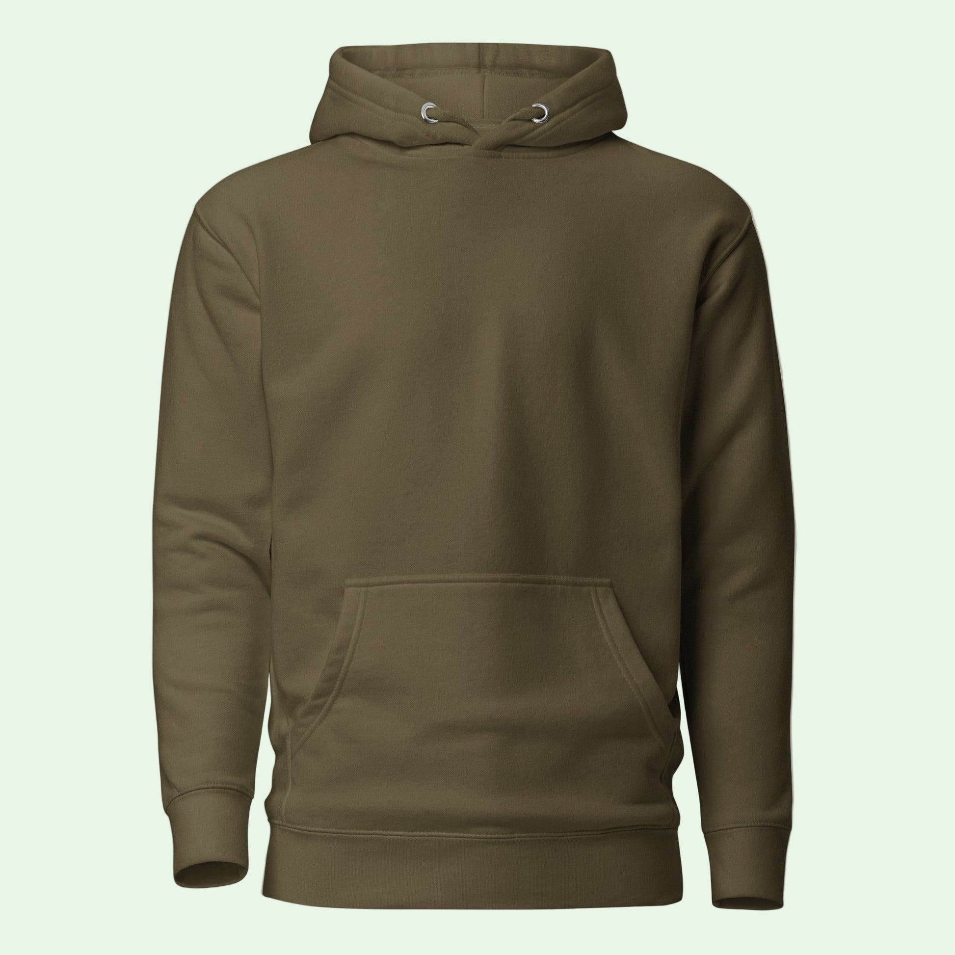 unisex premium hoodie in military green front by AUNTI