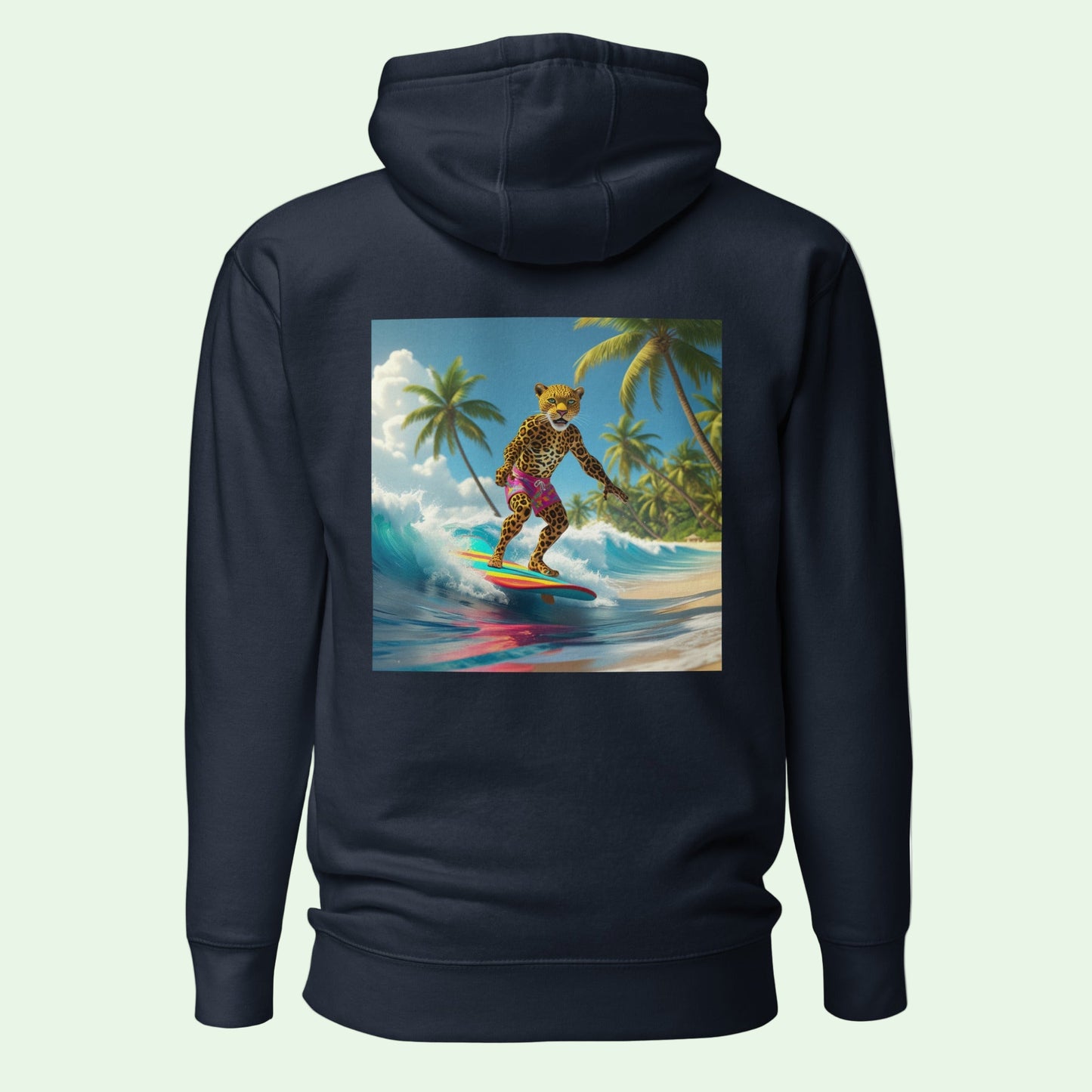 unisex premium hoodie in navy with a leopard surfing on the back by AUNTI