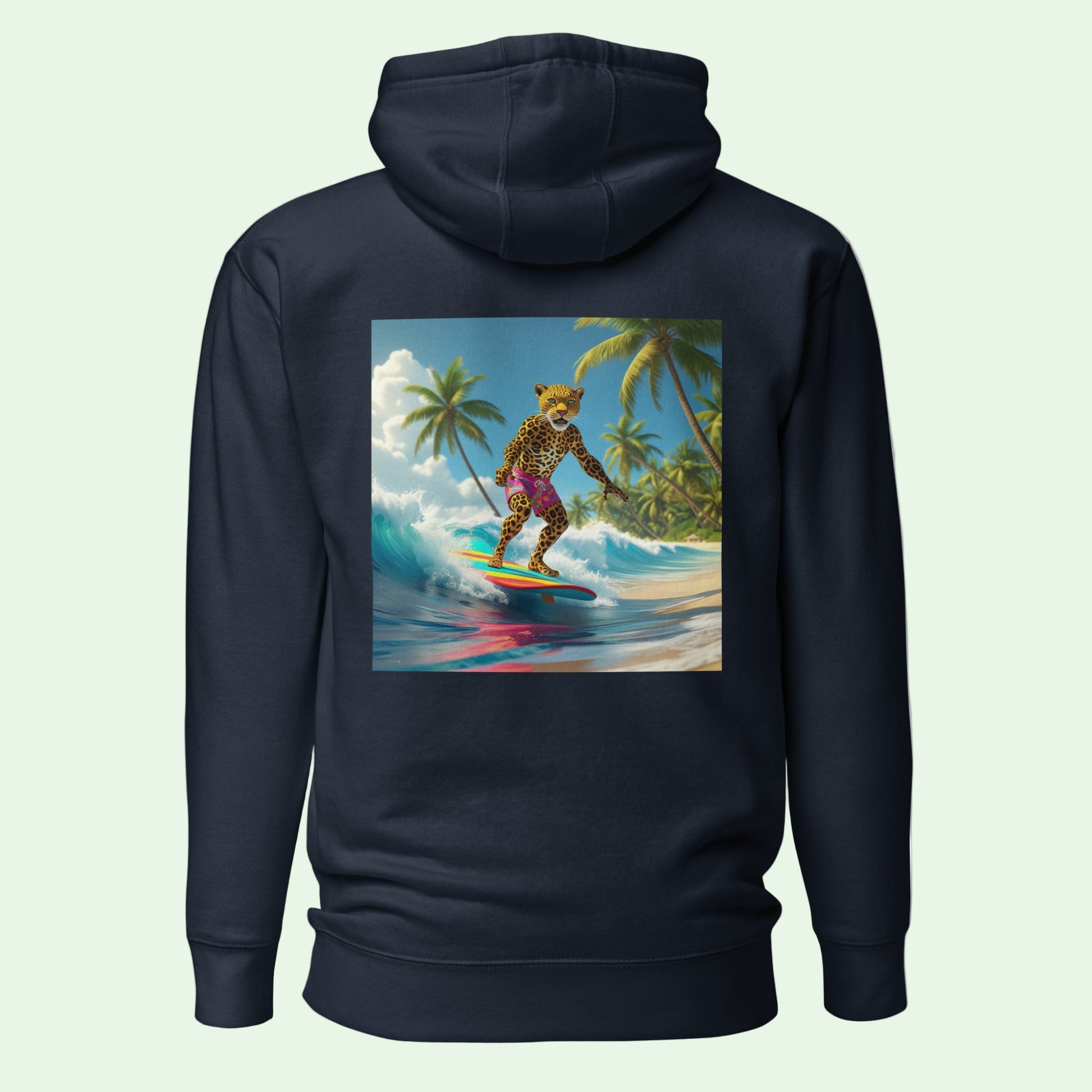 unisex premium hoodie in navy with a leopard surfing on the back by AUNTI
