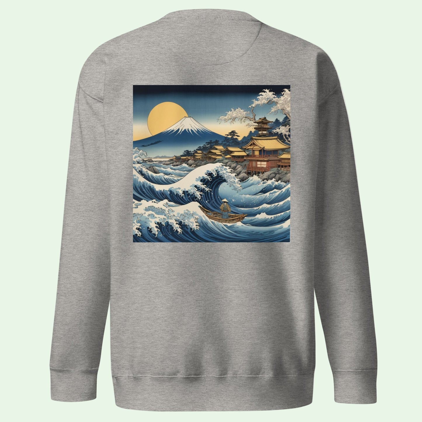 unisex premium sweatshirt carbon grey with great japanese wave back design by aunti