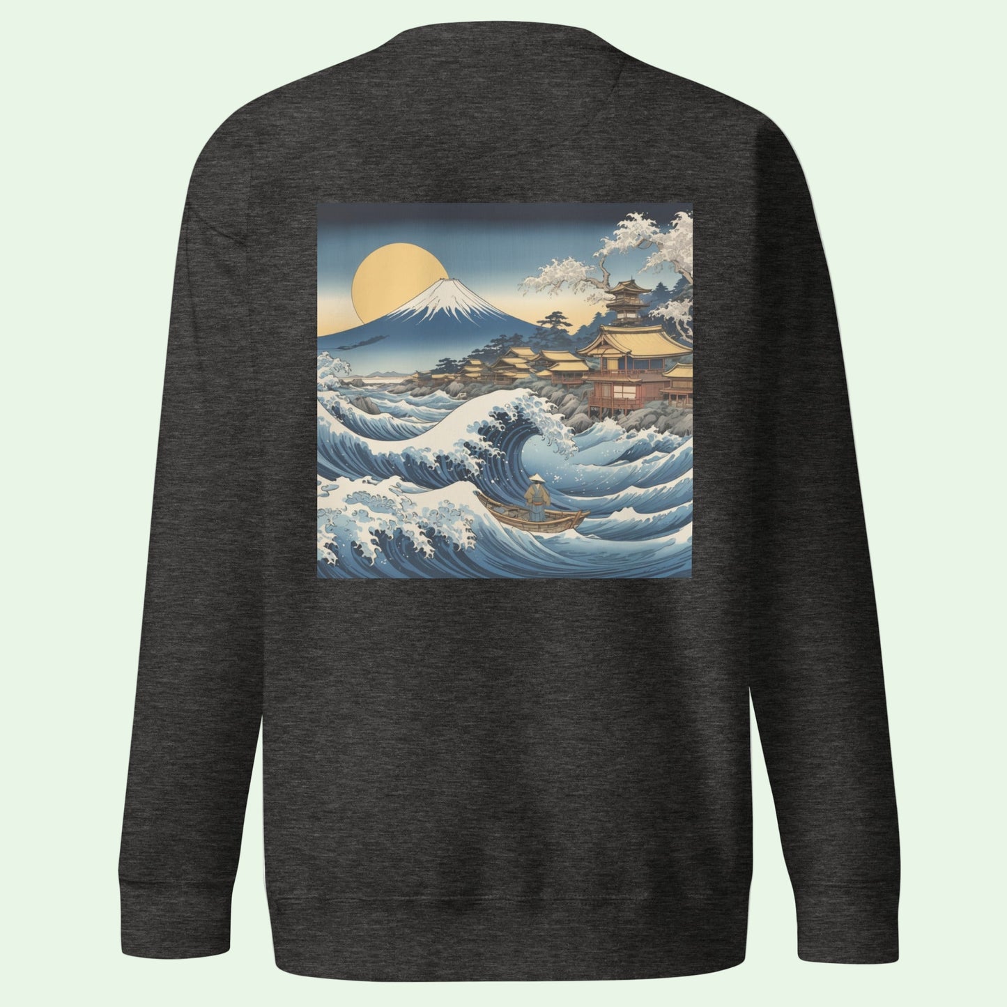unisex premium charchoal sweatshirt with Great Japanese Wave design by Aunti