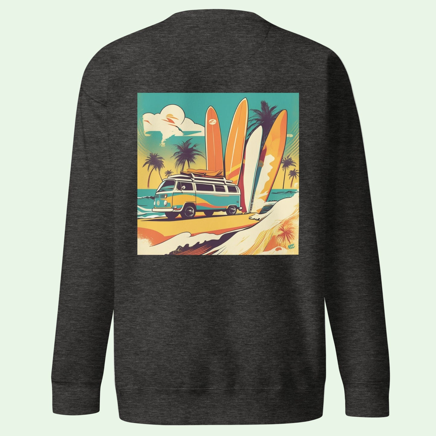 unisex premium sweatshirt in charcoal with retro surf design by Aunti