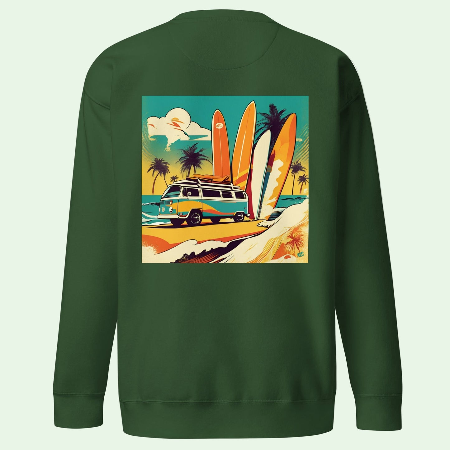 unisex premium sweatshirt in forest green with retro surf back design by Aunti