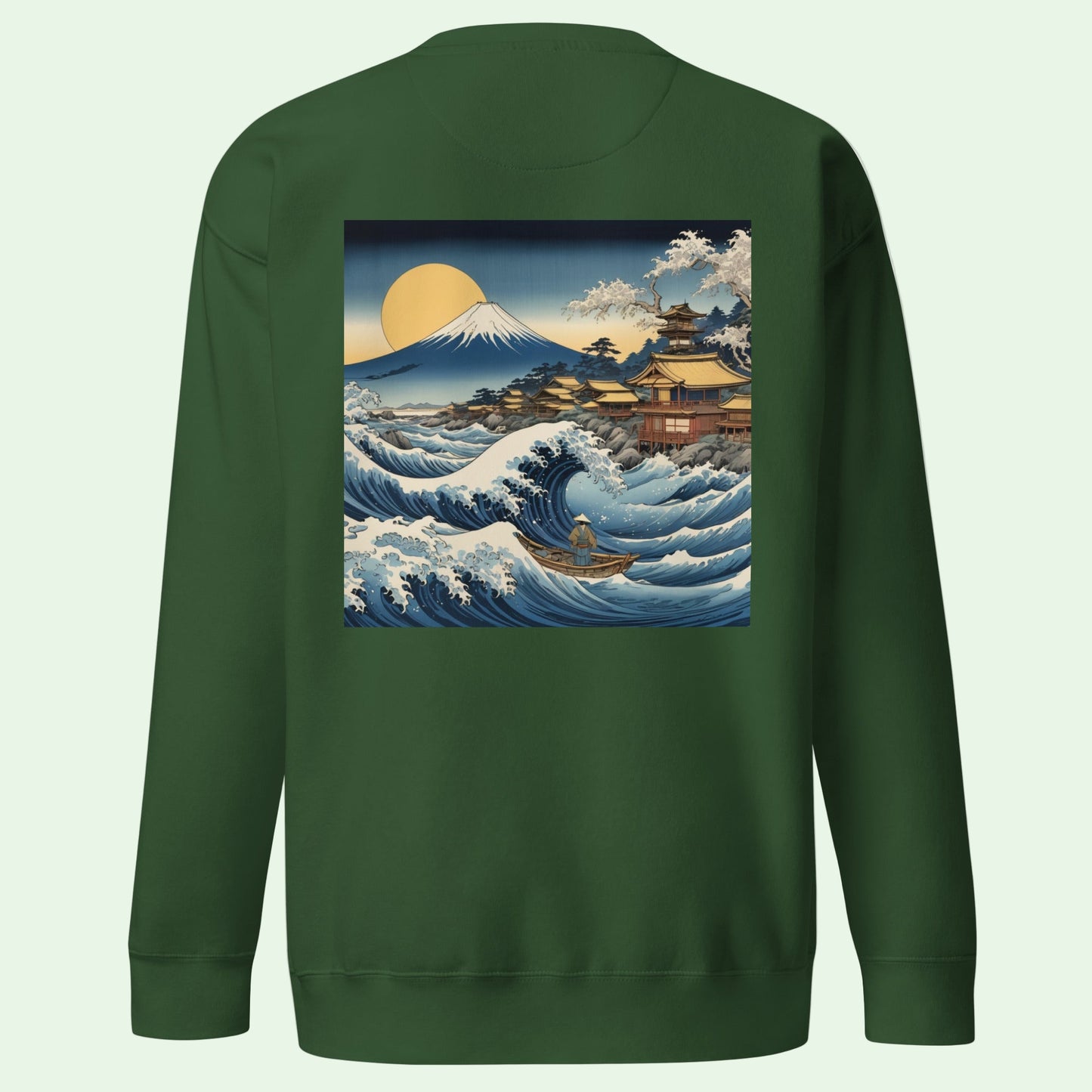 unisex premium sweatshirt in forest green great wave of kanagawa back design by Aunti