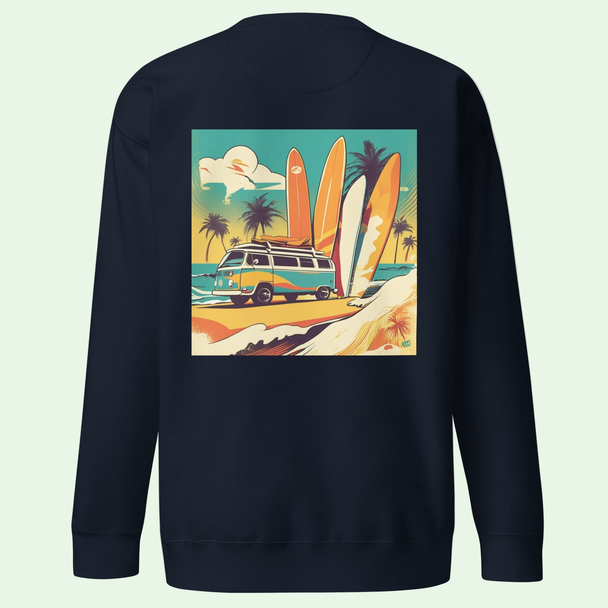 unisex premium sweatshirt navy wth retro surf back design by Aunti