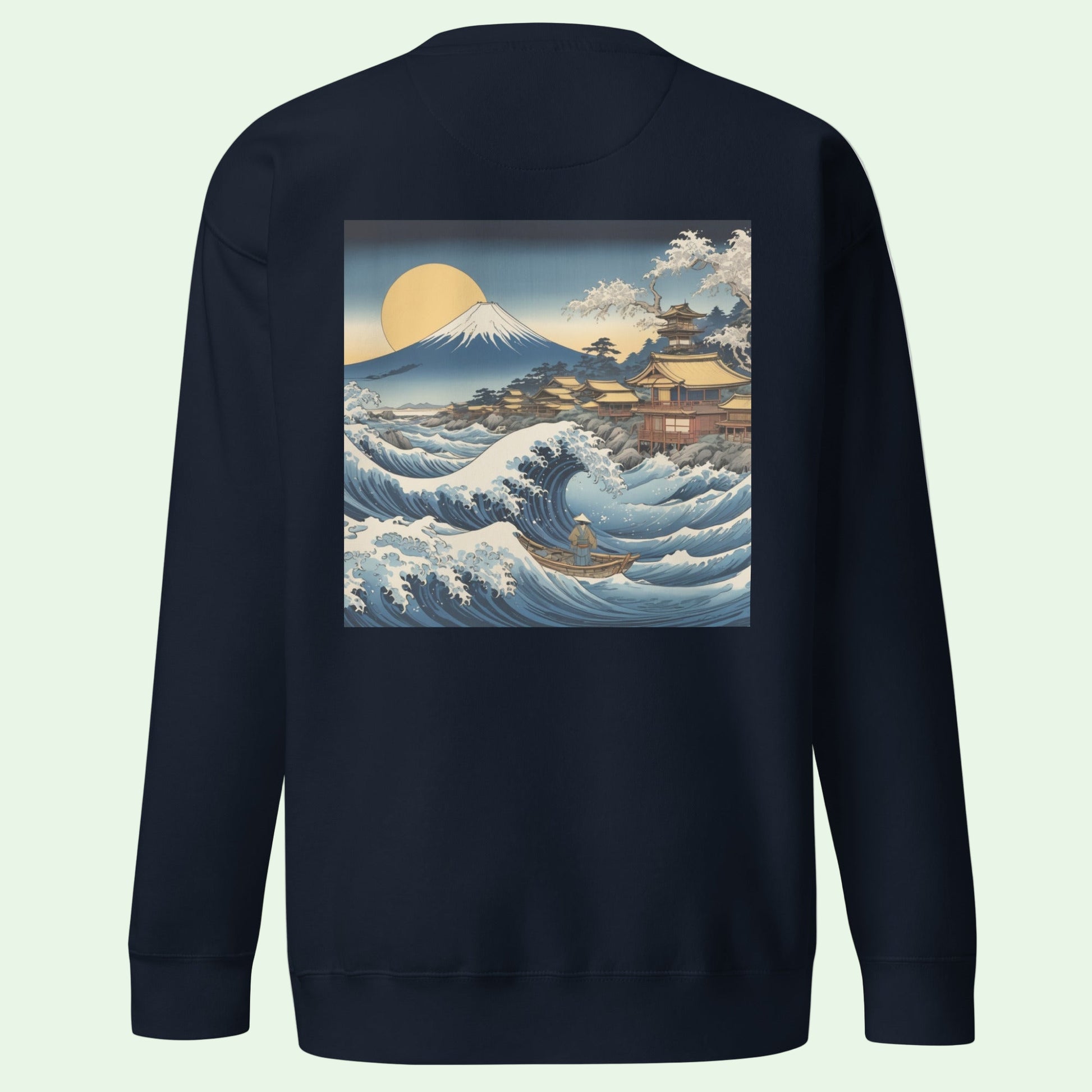 unisex premium sweatshirt navy with Great Japanese Wave back design by Aunti