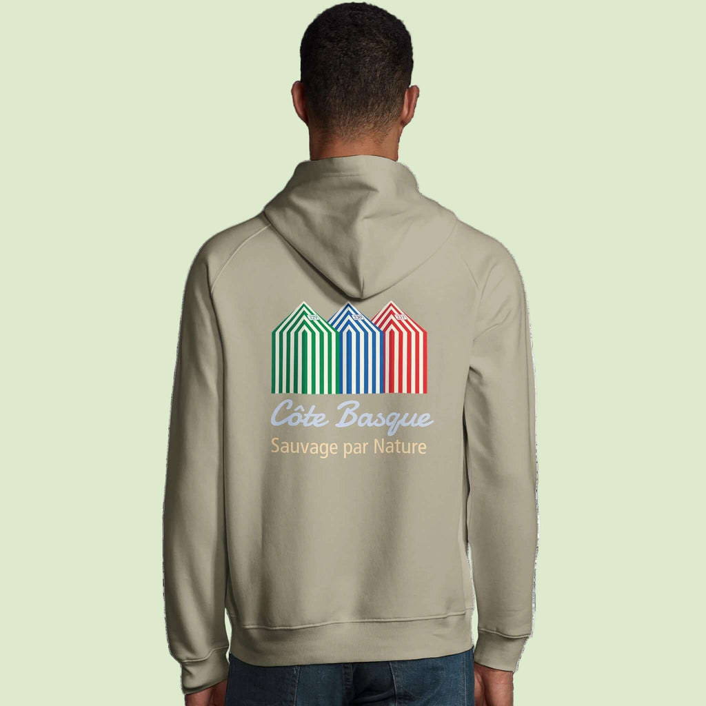 sustainable hoodie unisex in  beige with beach cabins design  back by Aunti